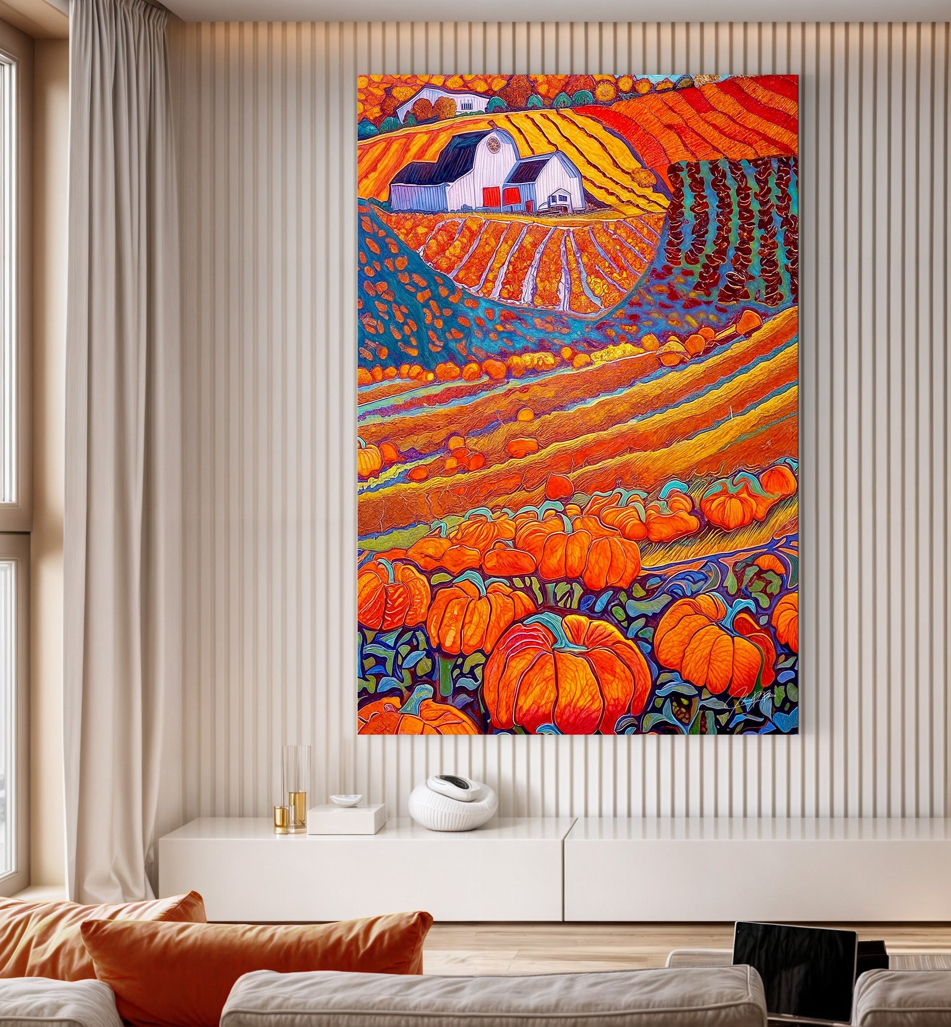 Canvas Print Harvest Hues featuring vivid pumpkin fields and a white barn in autumn tones on Tampa Home & Garden Store