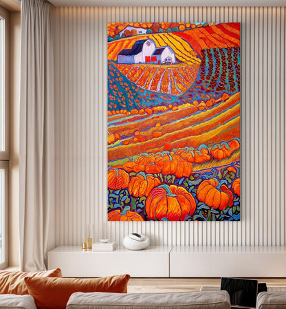 Canvas Print Harvest Hues featuring vivid pumpkin fields and a white barn in autumn tones on Tampa Home & Garden Store