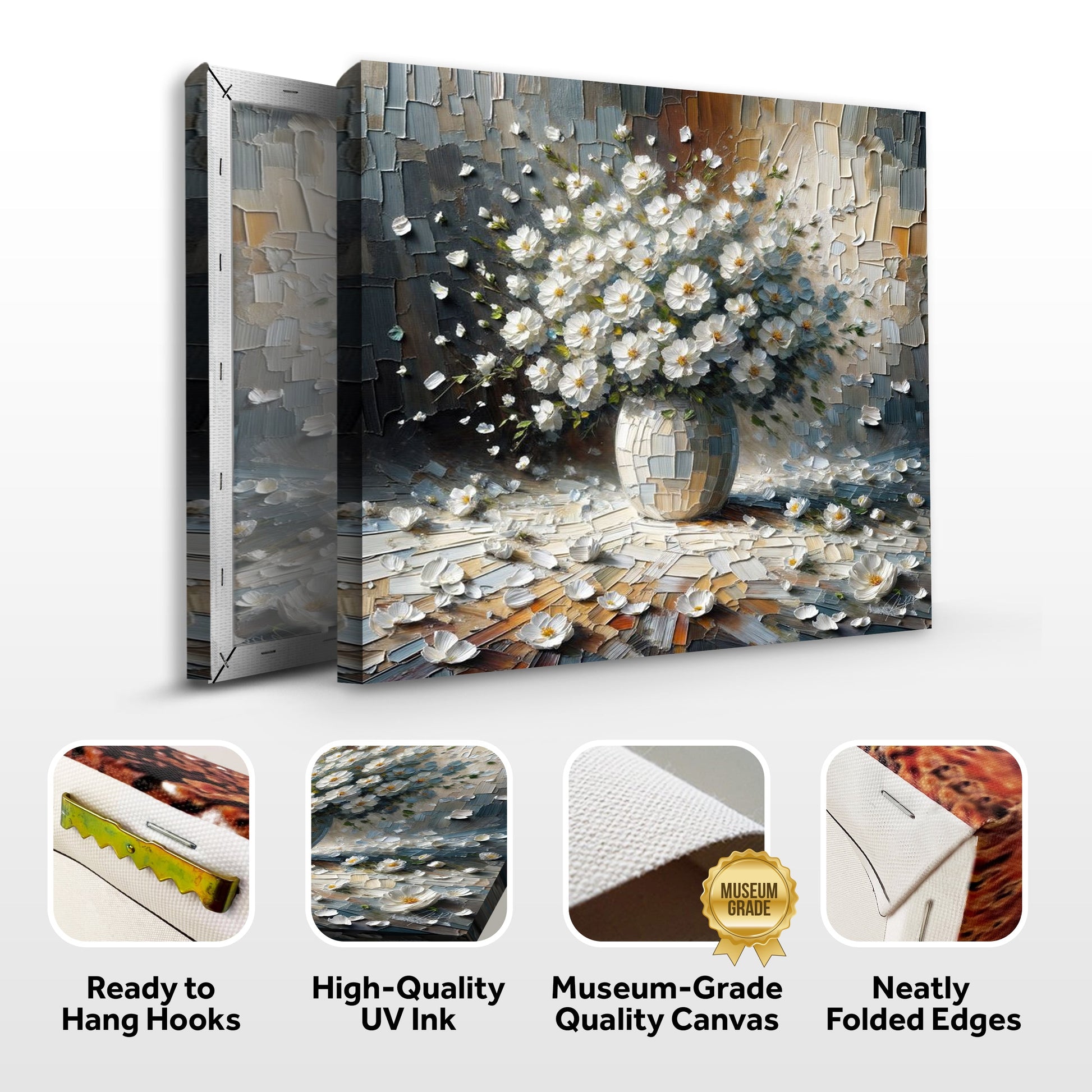 Canvas Print Porcelain Bloom by Tailored Canvases with white daisies on a textured tile backdrop on Tampa Home & Garden Store