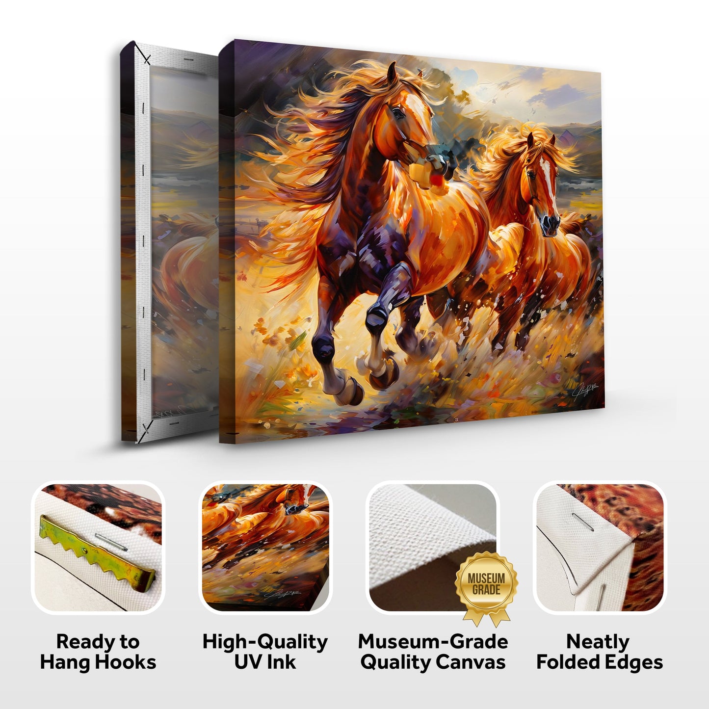 Two-panel canvas print Majestic Gallop by Tailored Canvases, fiery orange horses in motion on Tampa Home & Garden Store