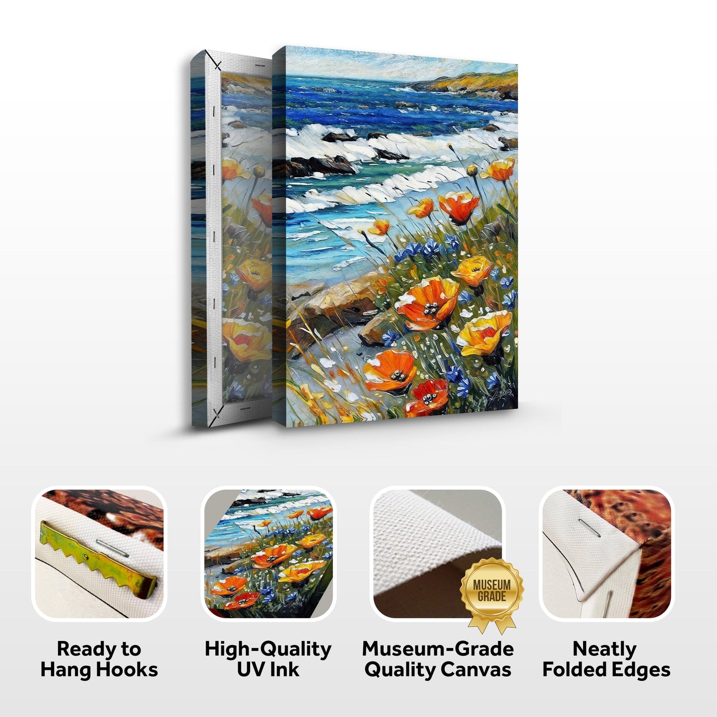 Canvas print Coastal Blooms by Tailored Canvases; triptych canvas of blue sea and orange flowers on Tampa Home & Garden Store