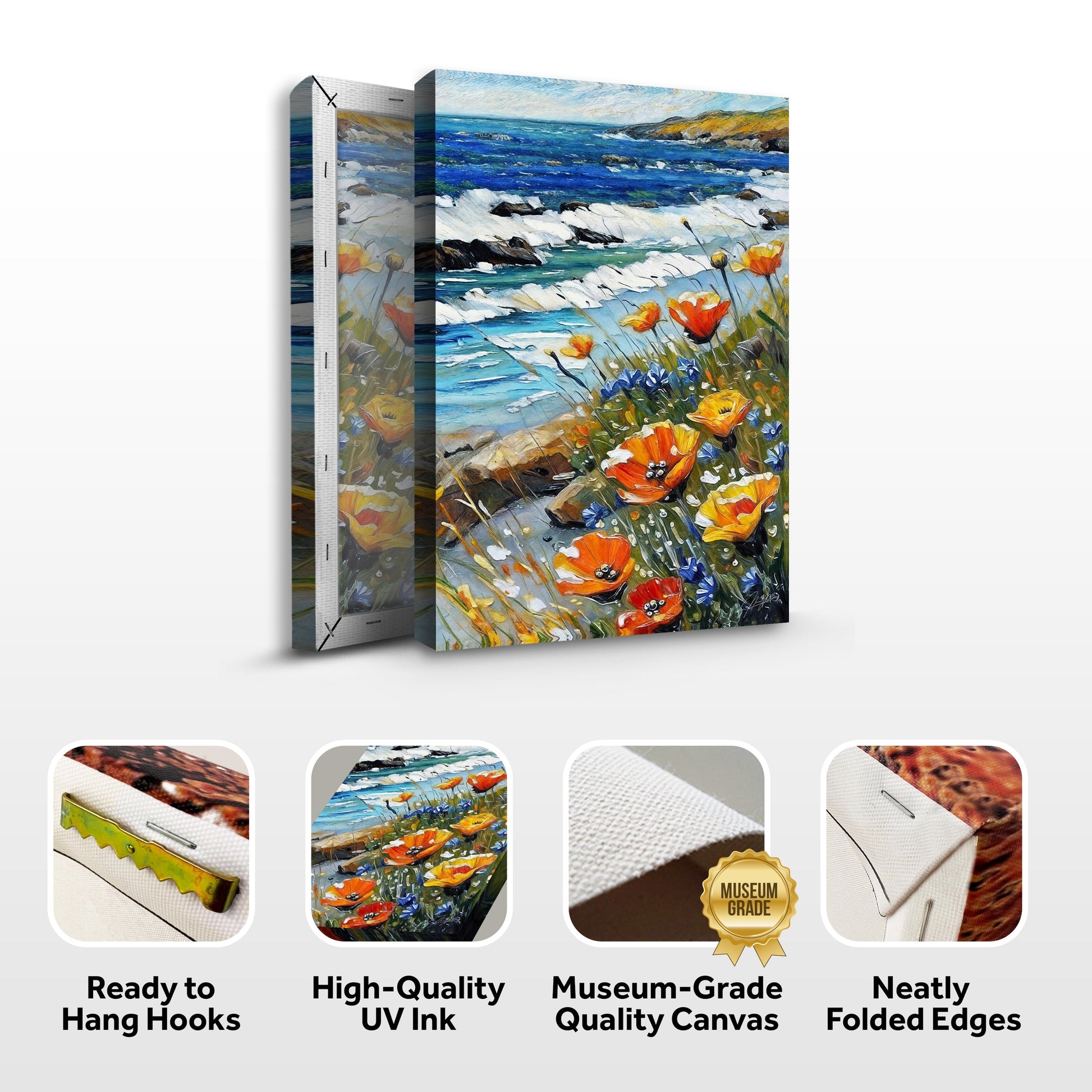 Canvas print Coastal Blooms by Tailored Canvases; triptych canvas of blue sea and orange flowers on Tampa Home & Garden Store