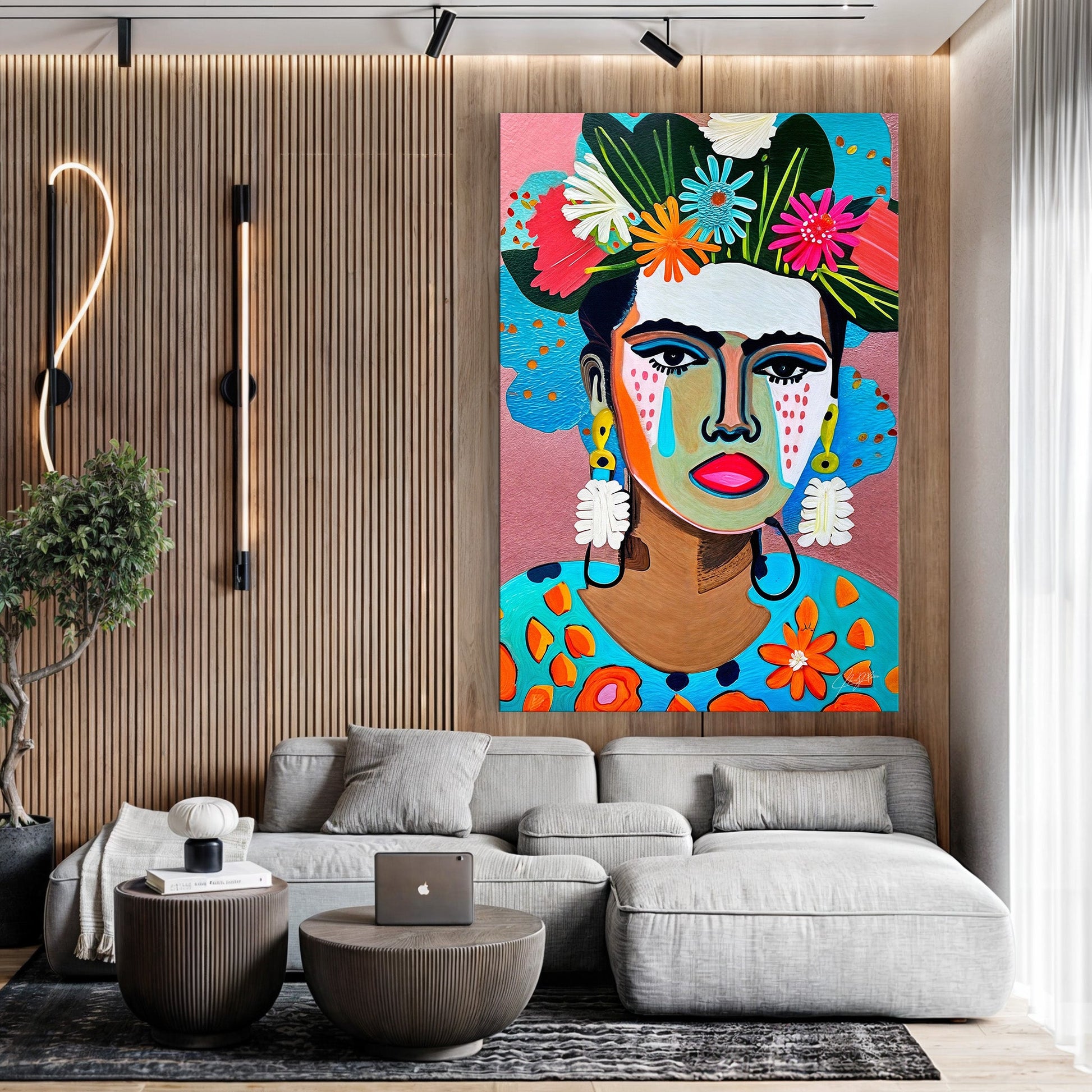 Canvas Print Floral Muse II by Tailored Canvases, bold colorful florals on a wooden wall on Tampa Home & Garden Store