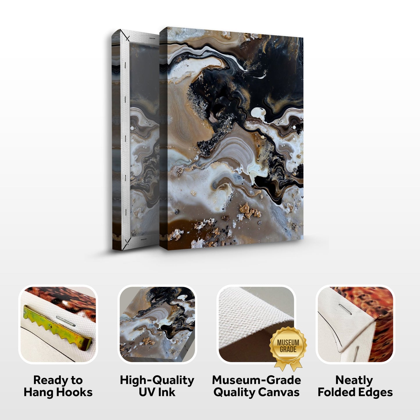 Canvas Print Geode Whispers, 3-panel set in brown, black, white and gold by Tailored Canvases on Tampa Home & Garden Store