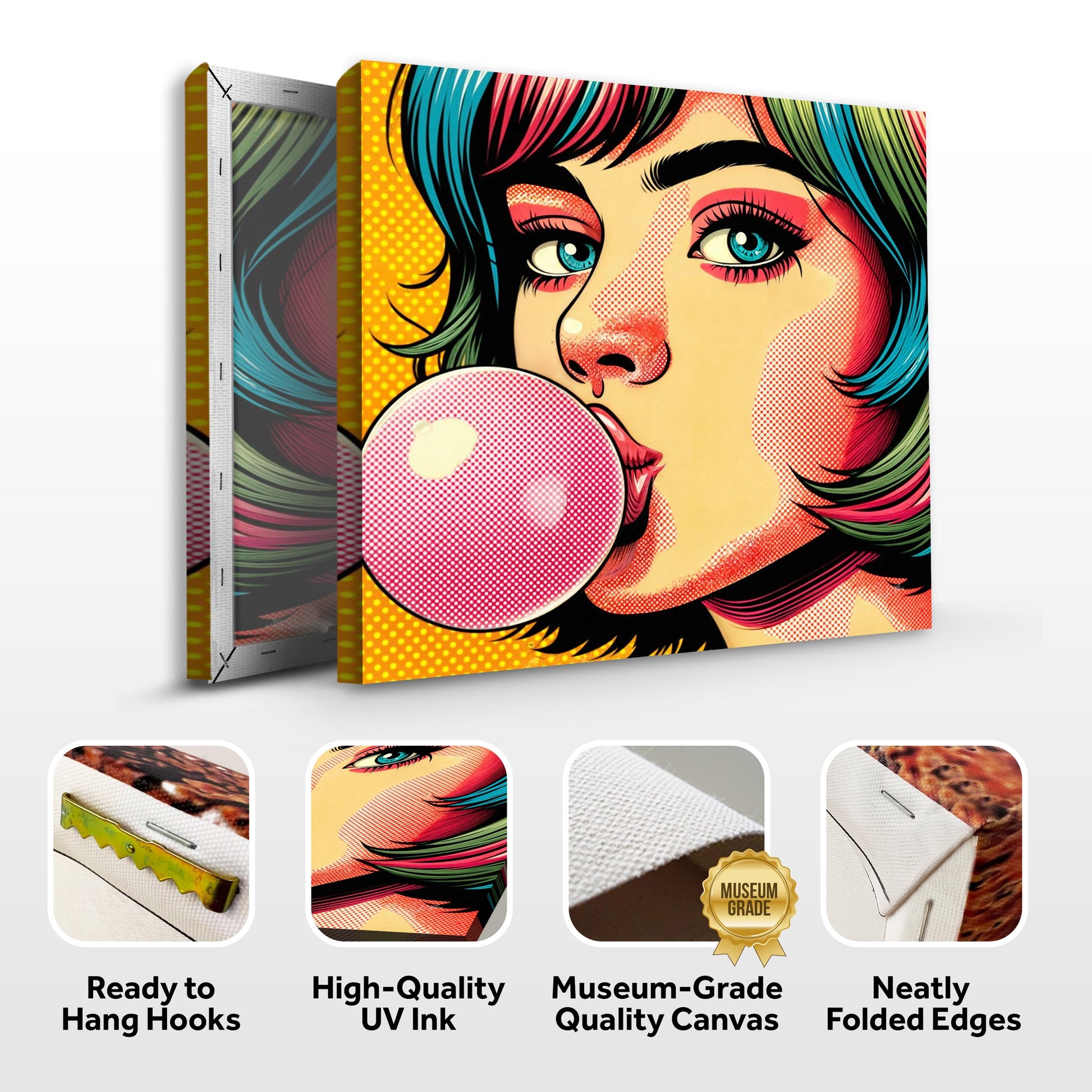 Canvas Print Roys Bubble by Tailored Canvases, pop art portrait on 3 stacked canvases on Tampa Home & Garden Store