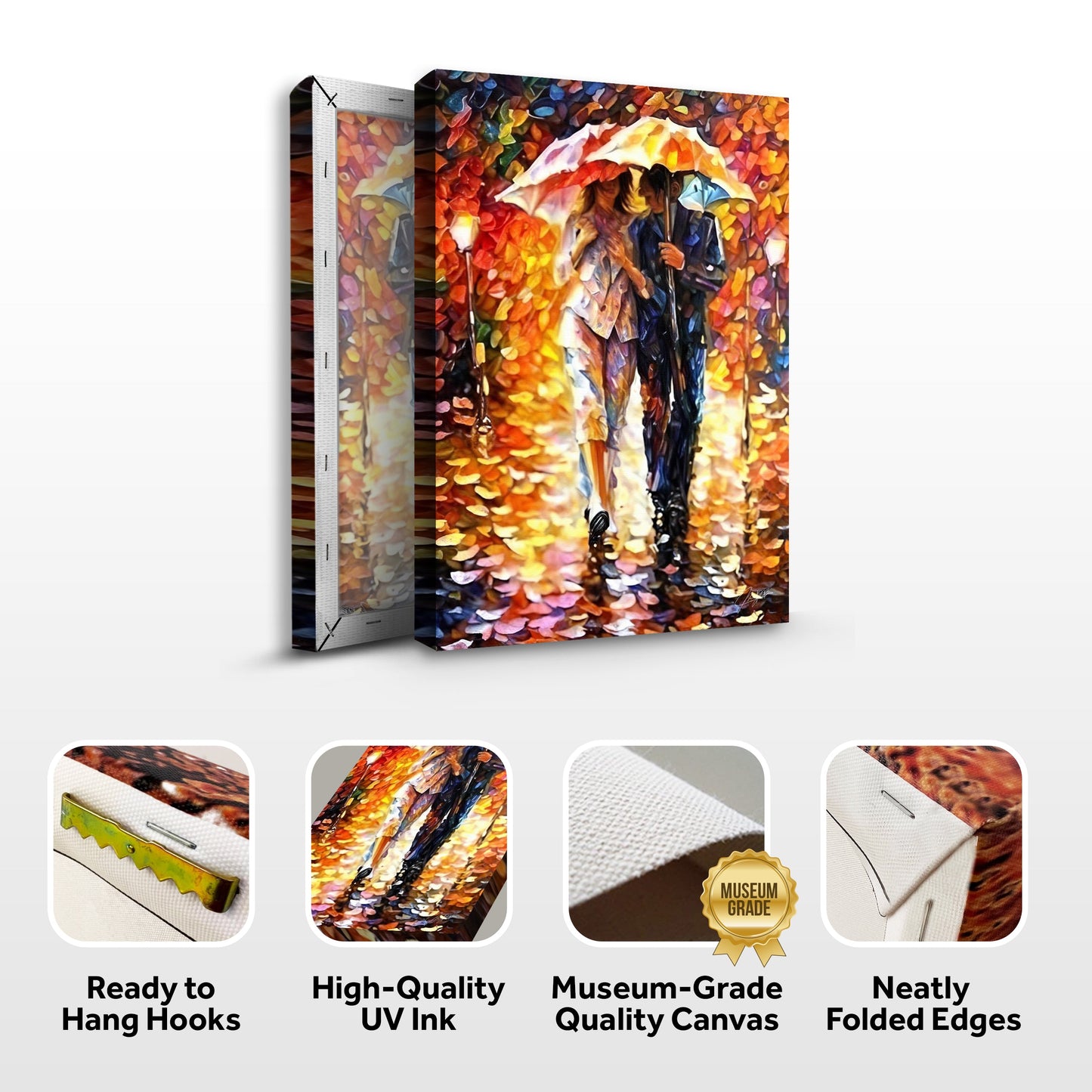 Canvas Print Rainy Romance, vibrant autumn leaves surround couple under umbrella on Tampa Home & Garden Store