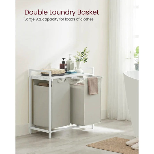 HomePacific 2-Basket Laundry Hamper Sorter with Top Shelf, white frame, gray removable bags on Tampa Home & Garden Store
