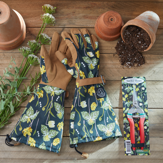 Gardener's Essentials Gift Set by Womanswork: floral garden gloves and two terracotta pots on Tampa Home & Garden Store