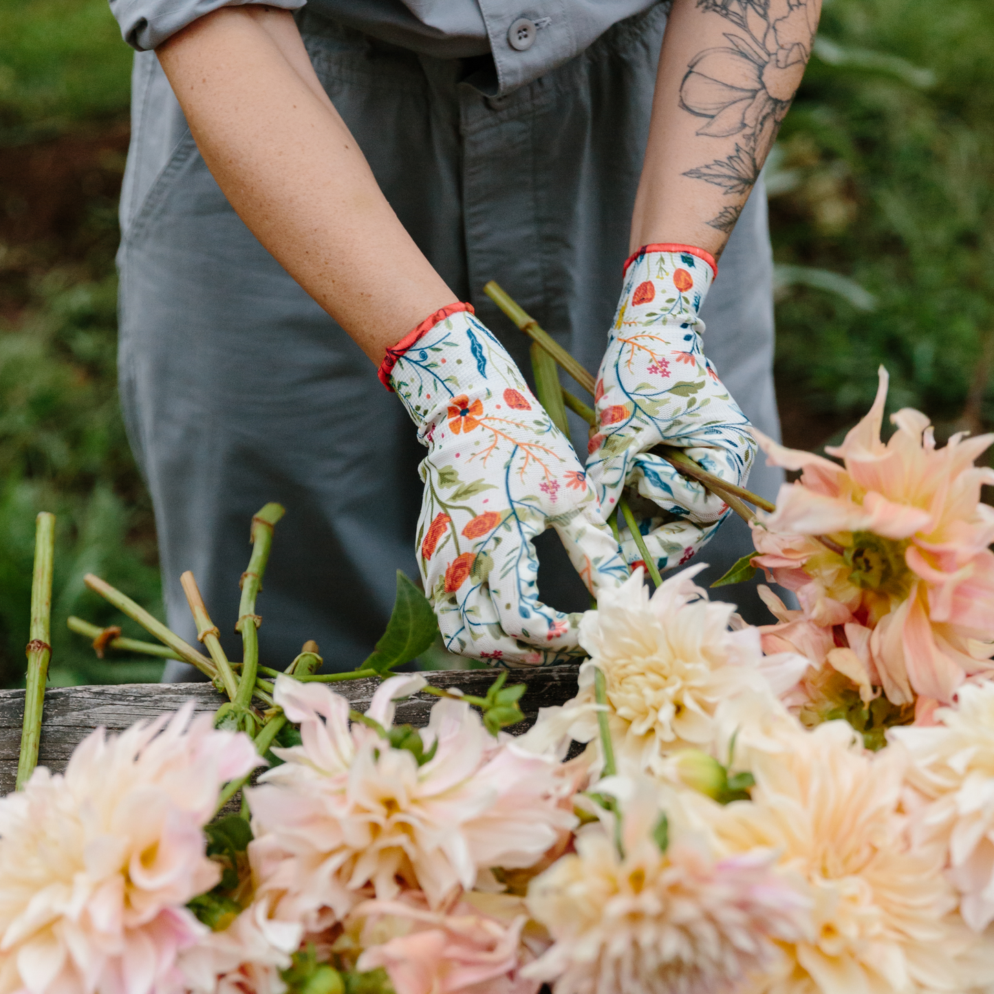 Pair of nitrile weeder gloves by Womanswork; white floral-pattern gardening gloves for weeding on Tampa Home & Garden Store