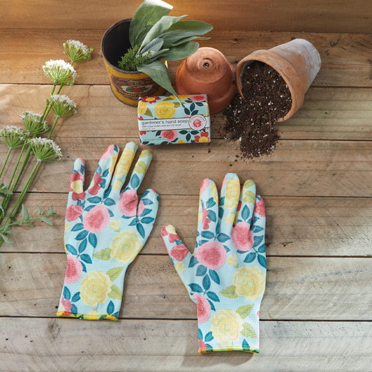 Weeder Glove Spa Gift Set by Womanswork; floral gardening gloves and gardener's hand soap on Tampa Home & Garden Store