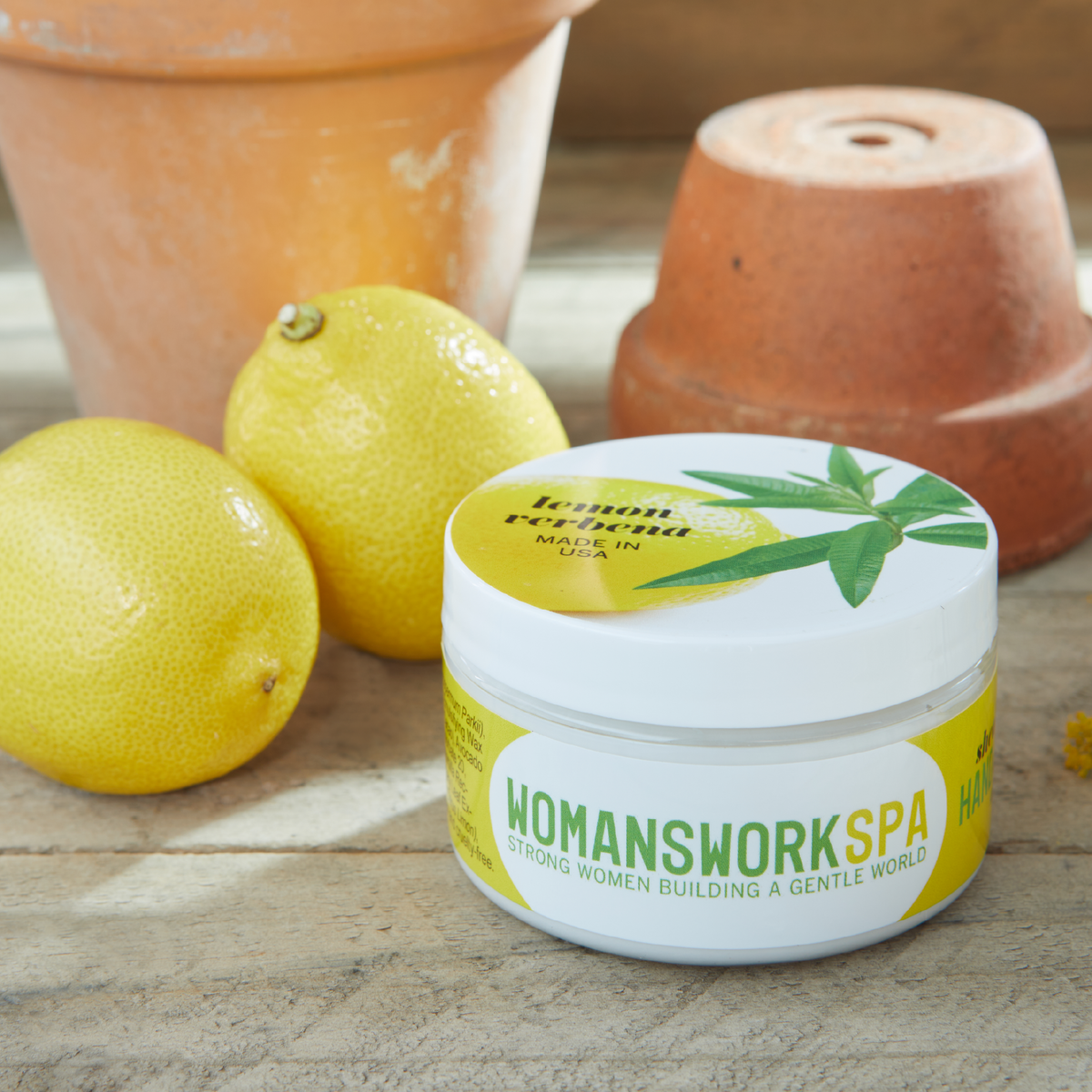 Lemon Verbena Shea Butter Hand Cream by Womanswork in white jar with yellow label on Tampa Home & Garden Store