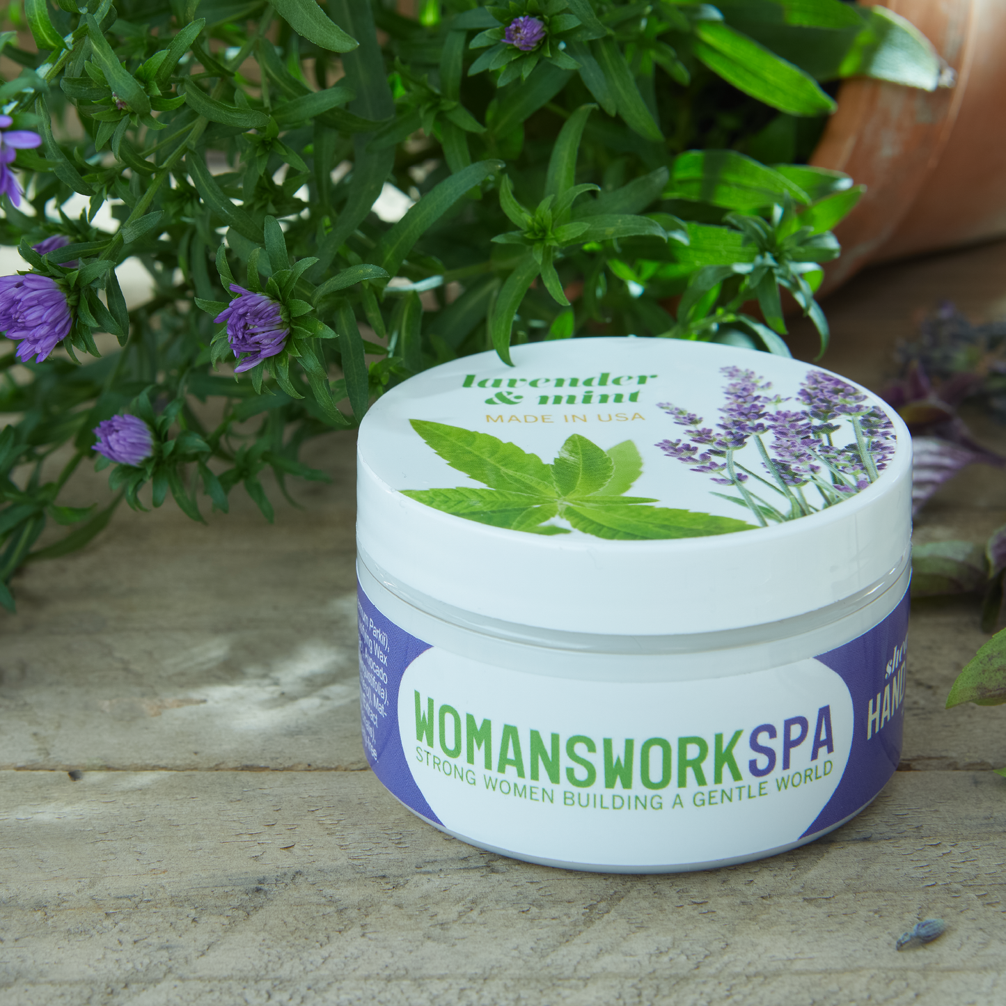 Lavender Mint Shea Butter Hand Cream tin by Womanswork lavender illustration on Tampa Home & Garden Store