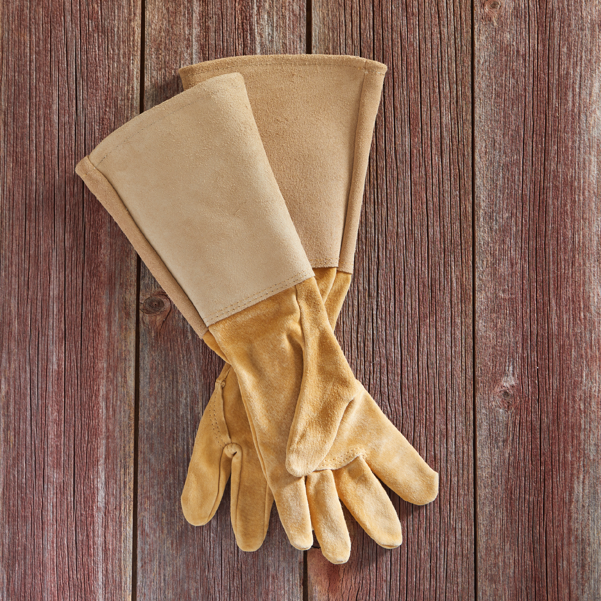 All Leather Gauntlet Gloves Arm Saver tan suede pair for gardening on Tampa Home & Garden Store