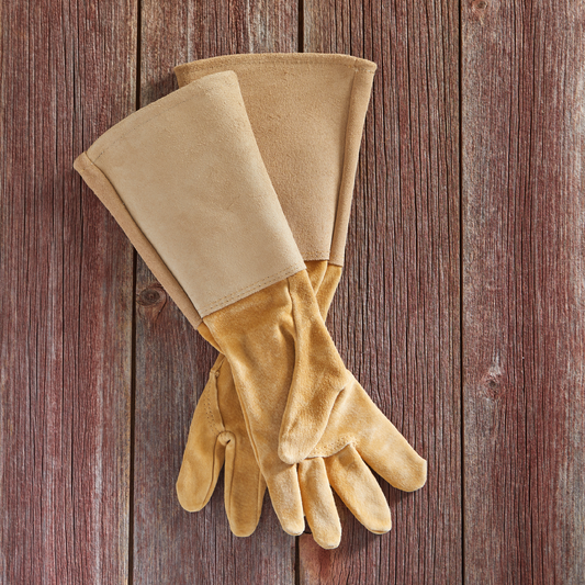 All Leather Gauntlet Gloves Arm Saver tan suede pair for gardening on Tampa Home & Garden Store