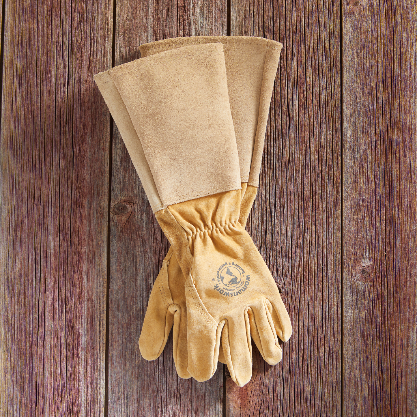 All Leather Gauntlet Glove Arm Saver tan leather gardening glove with elastic cuff on Tampa Home & Garden Store