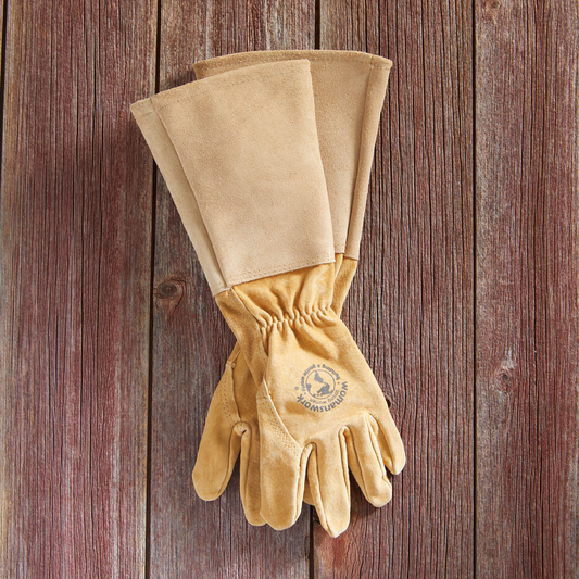 All Leather Gauntlet Glove Arm Saver tan leather gardening glove with elastic cuff on Tampa Home & Garden Store