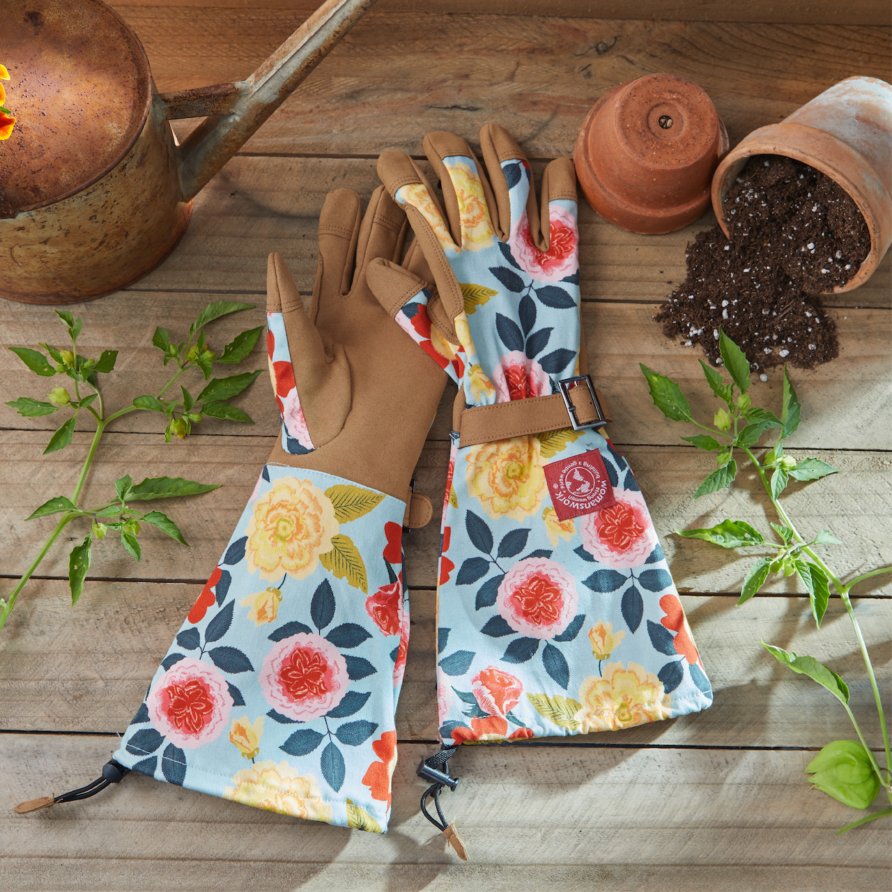 Arm Saver Gloves Womanswork floral blue fabric gardening gloves with tan cuffs, pair on Tampa Home & Garden Store