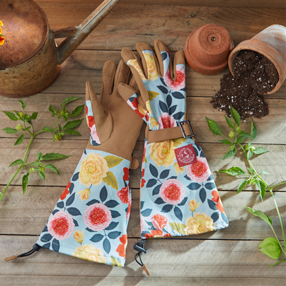 Arm Saver Gloves Womanswork floral blue fabric gardening gloves with tan cuffs, pair on Tampa Home & Garden Store