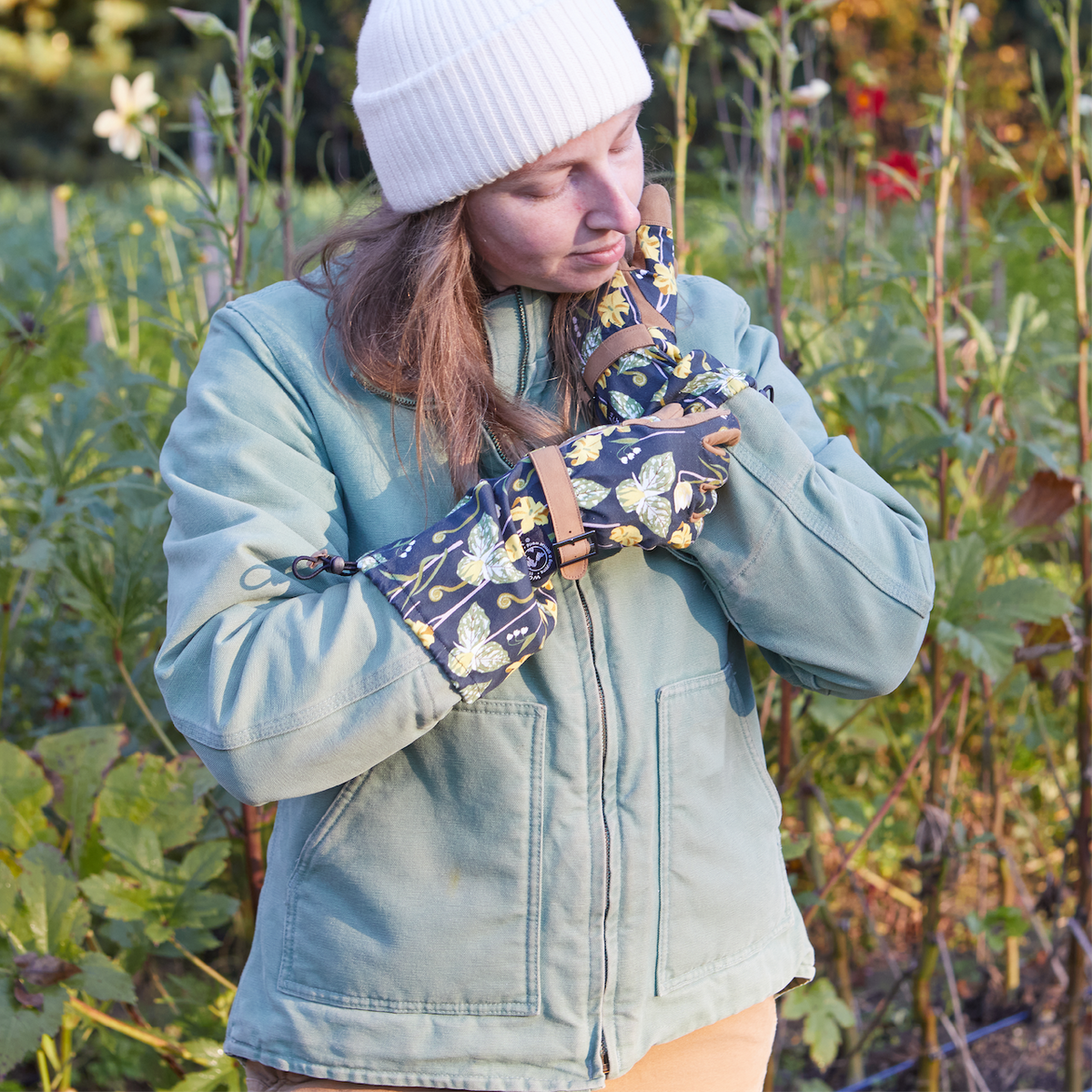 Arm Saver Gloves by Womanswork floral navy gardening gauntlet gloves with brown strap on Tampa Home & Garden Store