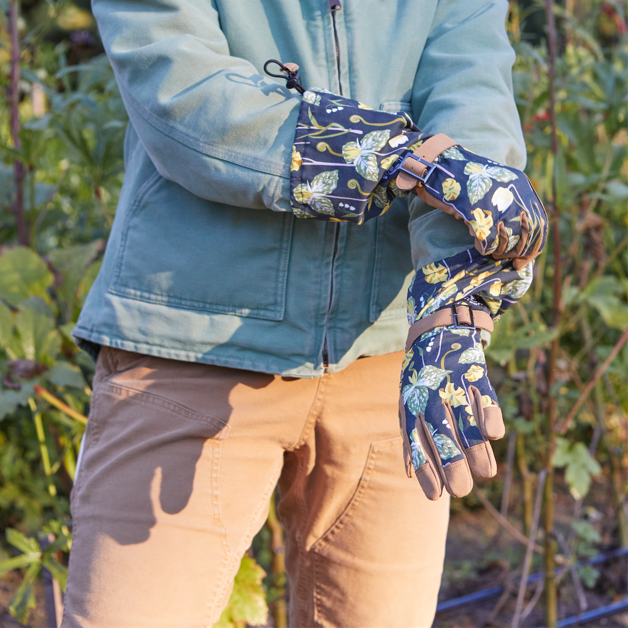 Arm Saver Gloves by Womanswork navy floral gauntlets with leather trim and adjustable buckle on Tampa Home & Garden Store