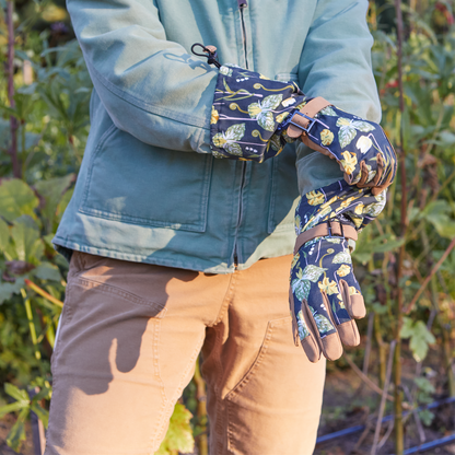 Arm Saver Gloves by Womanswork navy floral gauntlets with leather trim and adjustable buckle on Tampa Home & Garden Store