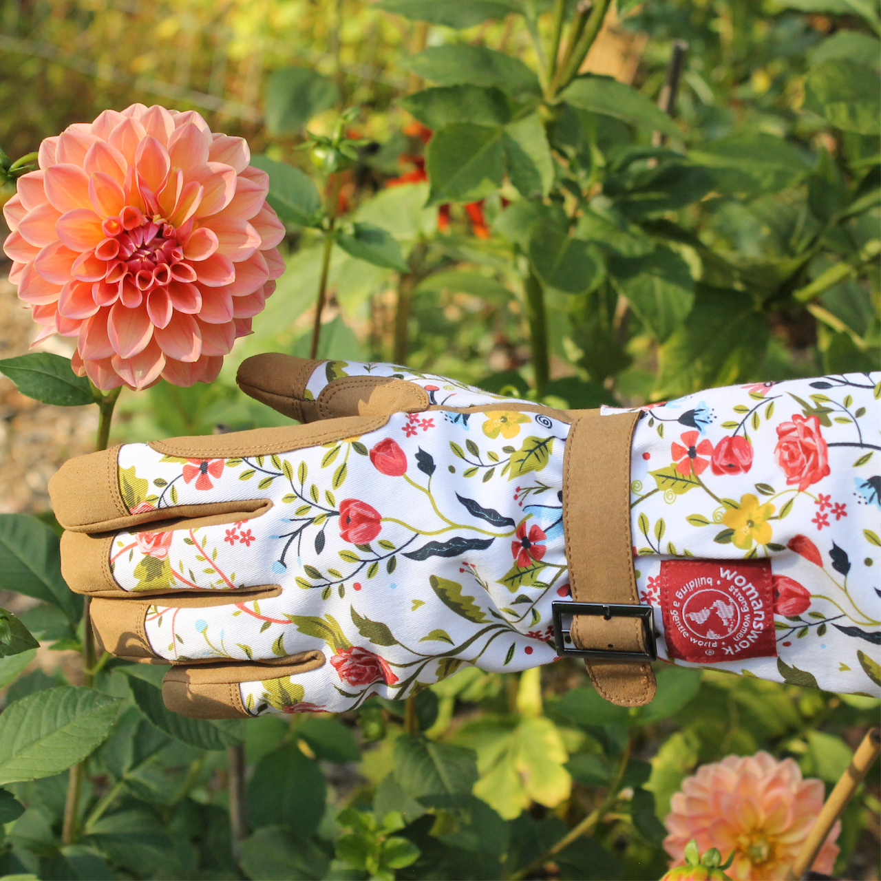 Arm Saver Gloves floral white fabric with tan suede fingertips and adjustable strap Womanswork on Tampa Home & Garden Store
