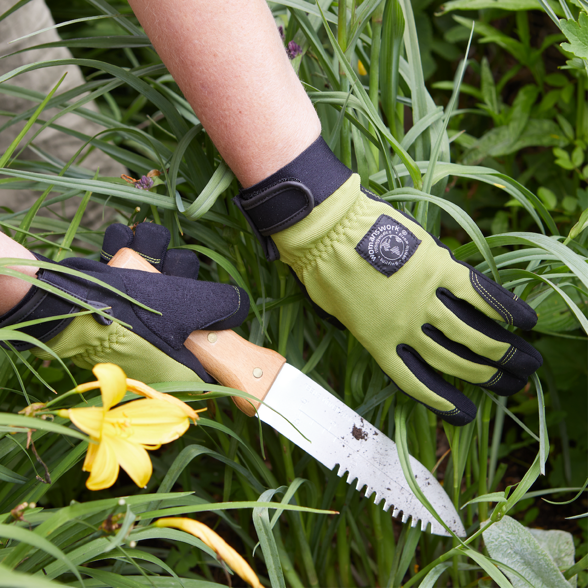 Digger Gardening Gloves by Womanswork in lime green and black with patch, plus garden knife on Tampa Home & Garden Store