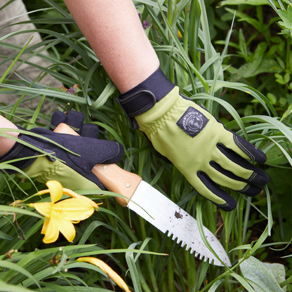 Digger Gardening Gloves by Womanswork in lime green and black with patch, plus garden knife on Tampa Home & Garden Store