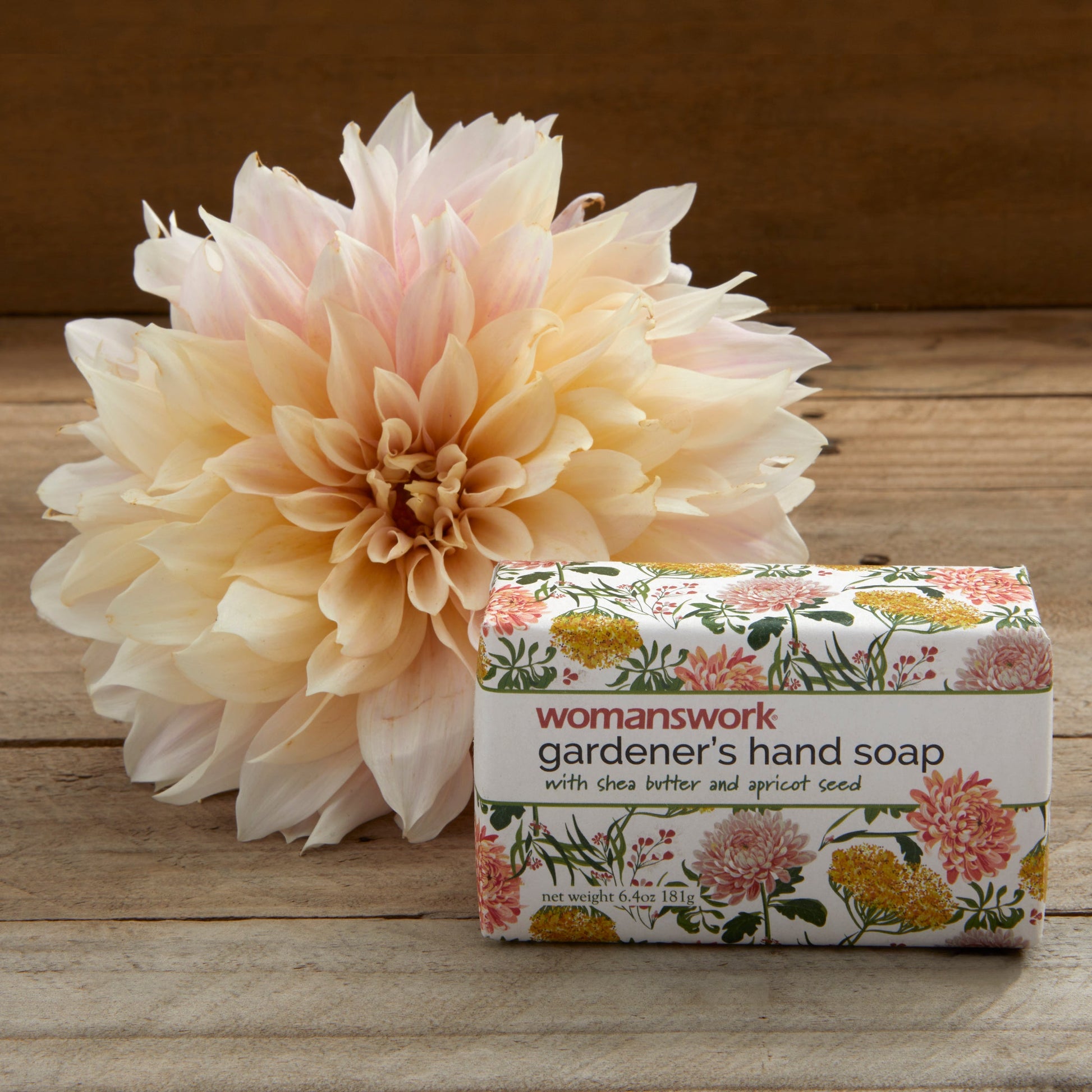 Gardener's hand soap bar in Dahlia print packaging by Womanswork, floral box visible on Tampa Home & Garden Store
