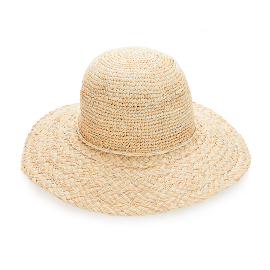3 raffia sun hats stacked in natural beige woven straw Womanswork on Tampa Home & Garden Store