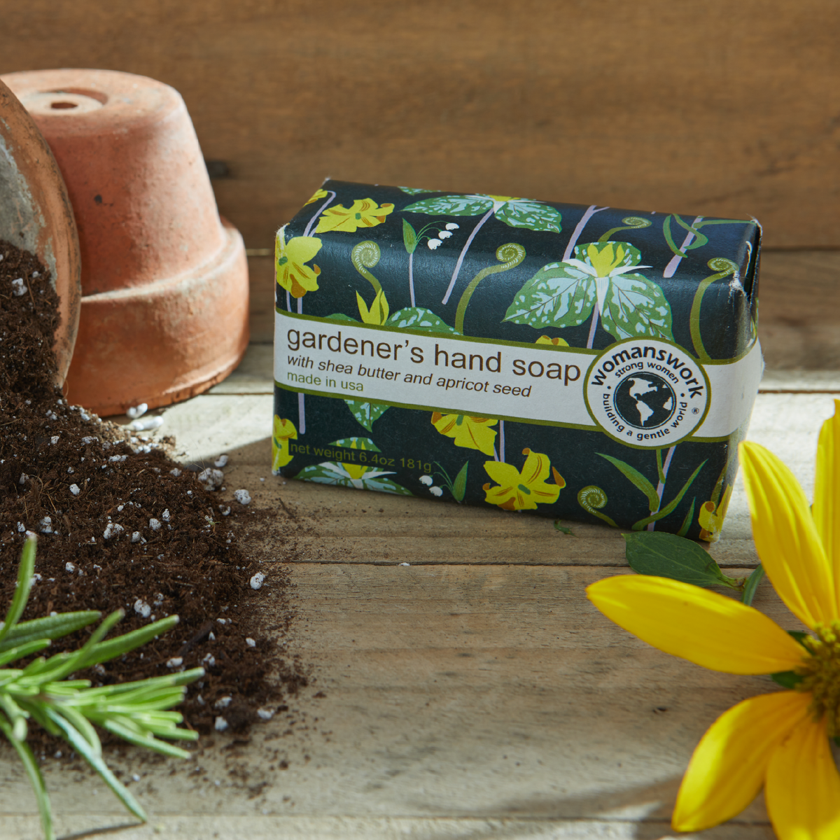 Gardeners hand soap by Womanswork in Woodland Garden Print with navy botanical packaging on Tampa Home & Garden Store