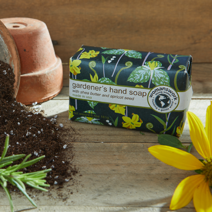Gardeners hand soap by Womanswork in Woodland Garden Print with navy botanical packaging on Tampa Home & Garden Store