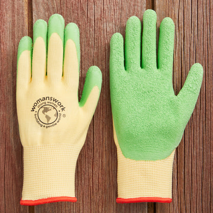 The Weeder Glove pair beige with green fingertips and textured palms by Womanswork on Tampa Home & Garden Store