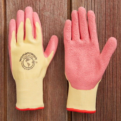 The Weeder Glove pair by Womanswork, yellow and pink gardening gloves with textured palms on a wooden surface on Tampa Home & Garden Store