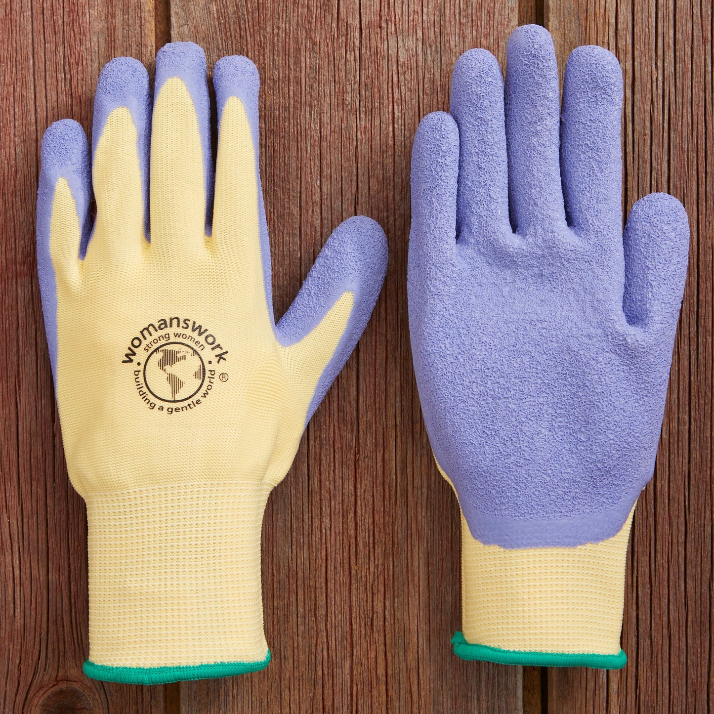 The Weeder Glove by Womanswork, yellow palm with purple fingertips, gardening glove pair on Tampa Home & Garden Store