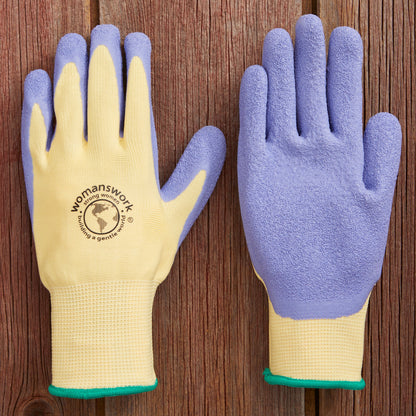 The Weeder Glove by Womanswork, yellow palm with purple fingertips, gardening glove pair on Tampa Home & Garden Store