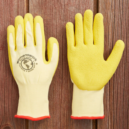 The Weeder Glove pair by Womanswork; yellow gardening gloves with logo on palm on Tampa Home & Garden Store