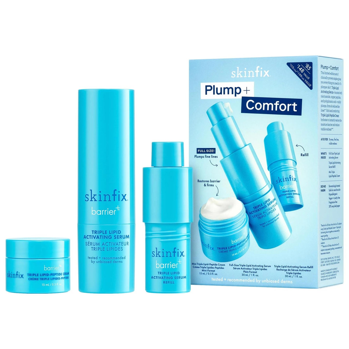 Plump+Comfort vegan anti-aging skincare set with skinfix barrier+ lipid serum bottles on Tampa Home & Garden Store