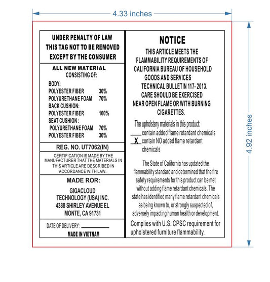 U_STYLE Sleeper Sectional Sofa label with storage bags shows origin and safety notices on Tampa Home & Garden Store