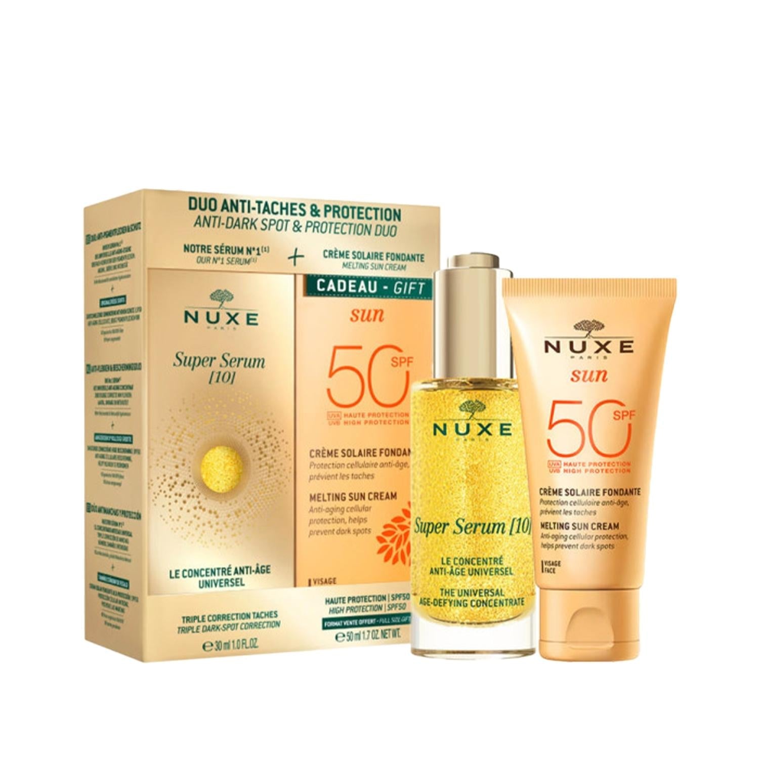 NUXE premium skincare set featuring Super Serum [10] and Melting Sun Cream SPF50 in gift box on Tampa Home & Garden Store