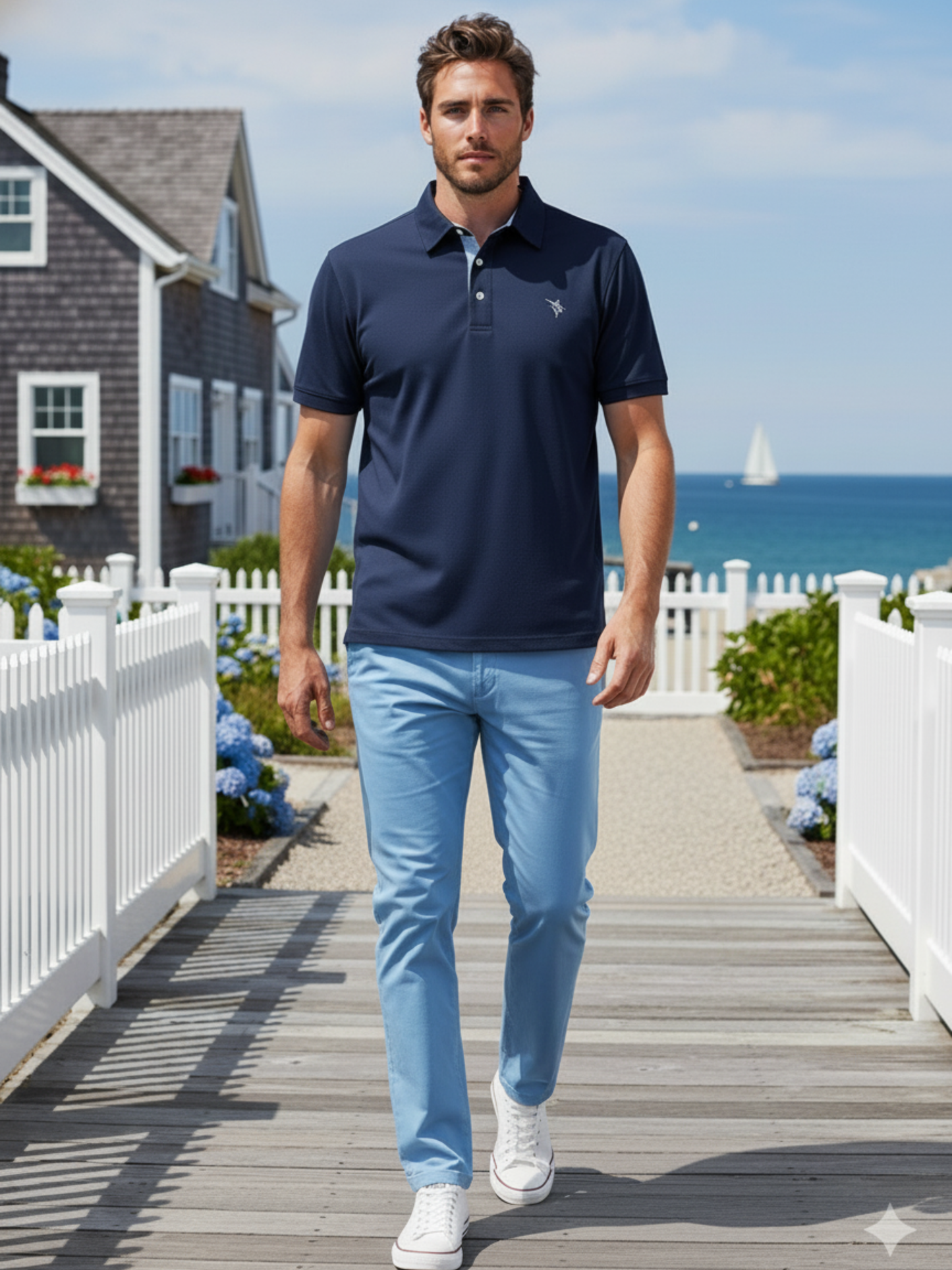 Coastline polo navy by White Water Life worn by man on a coastal boardwalk with ocean backdrop on Tampa Home & Garden Store