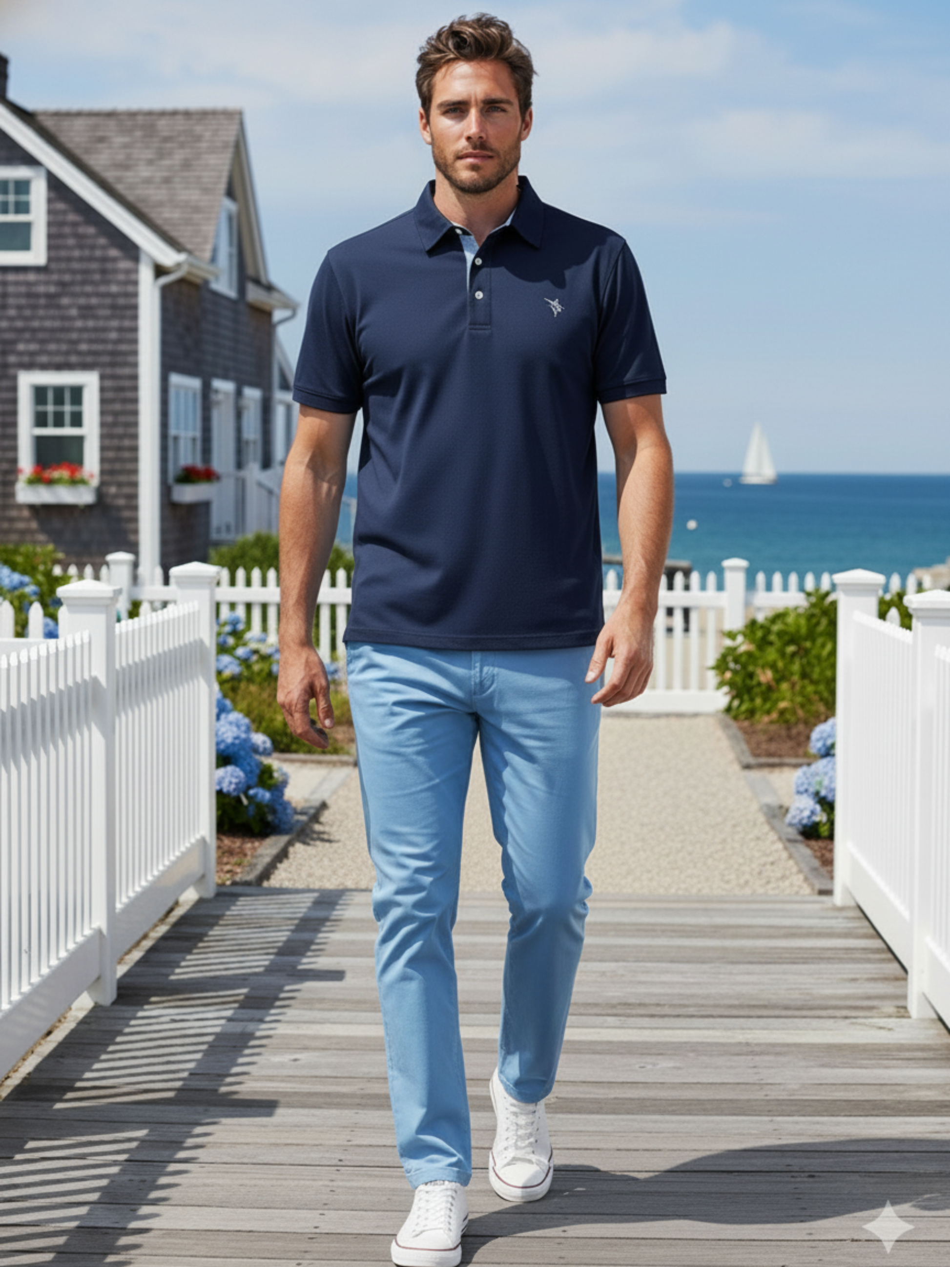 Coastline polo navy by White Water Life worn by man on a coastal boardwalk with ocean backdrop on Tampa Home & Garden Store