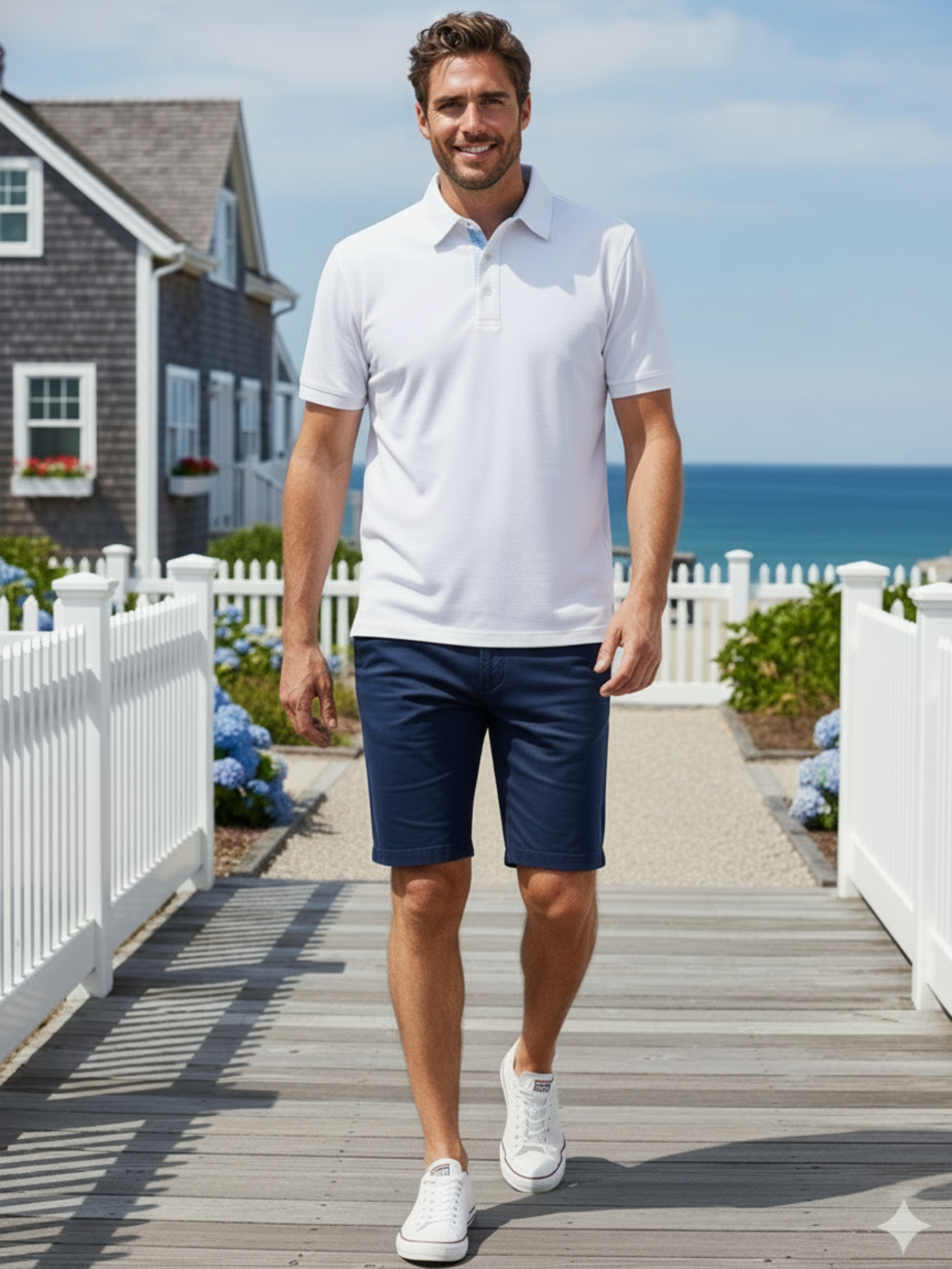Coastline Polo white polo on a male model; coastal boardwalk backdrop on Tampa Home & Garden Store
