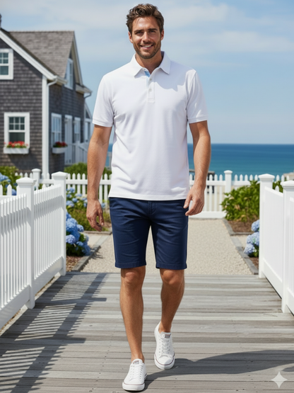 Coastline Polo white polo on a male model; coastal boardwalk backdrop on Tampa Home & Garden Store