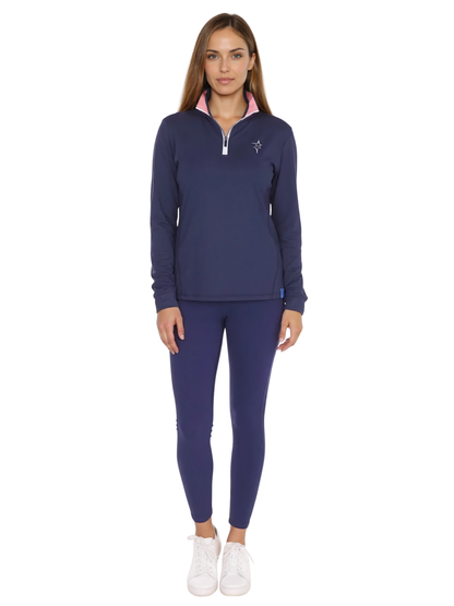 Women's Monterey Quarter Zip navy top with pink collar and white zipper by White Water Life on Tampa Home & Garden Store