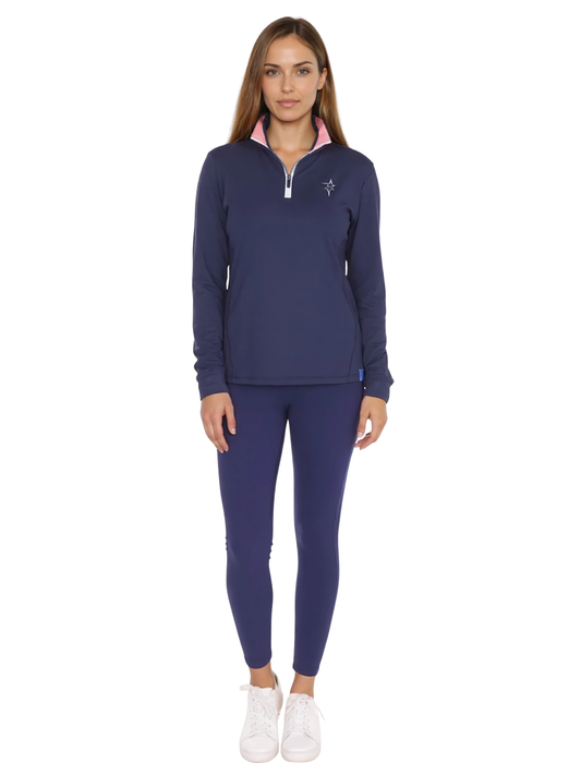 Women's Monterey Quarter Zip navy top with pink collar and white zipper by White Water Life on Tampa Home & Garden Store