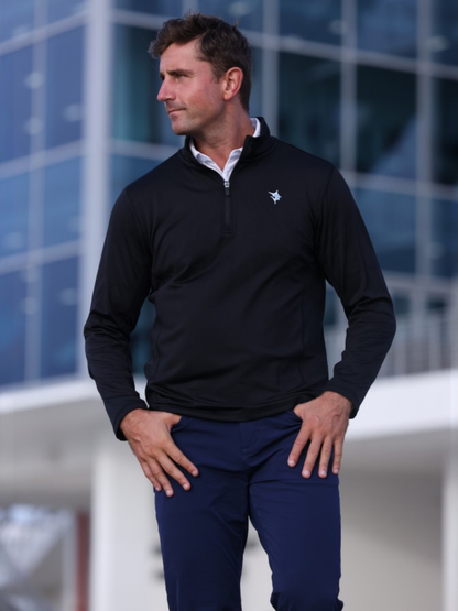 Montauk Quarter Zip Midweight Comfort black pullover with zip collar and small chest logo on Tampa Home & Garden Store