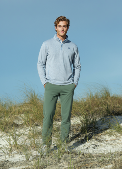 Montauk Quarter Zip Midweight Comfort top in heather blue fleece by White Water Life on Tampa Home & Garden Store
