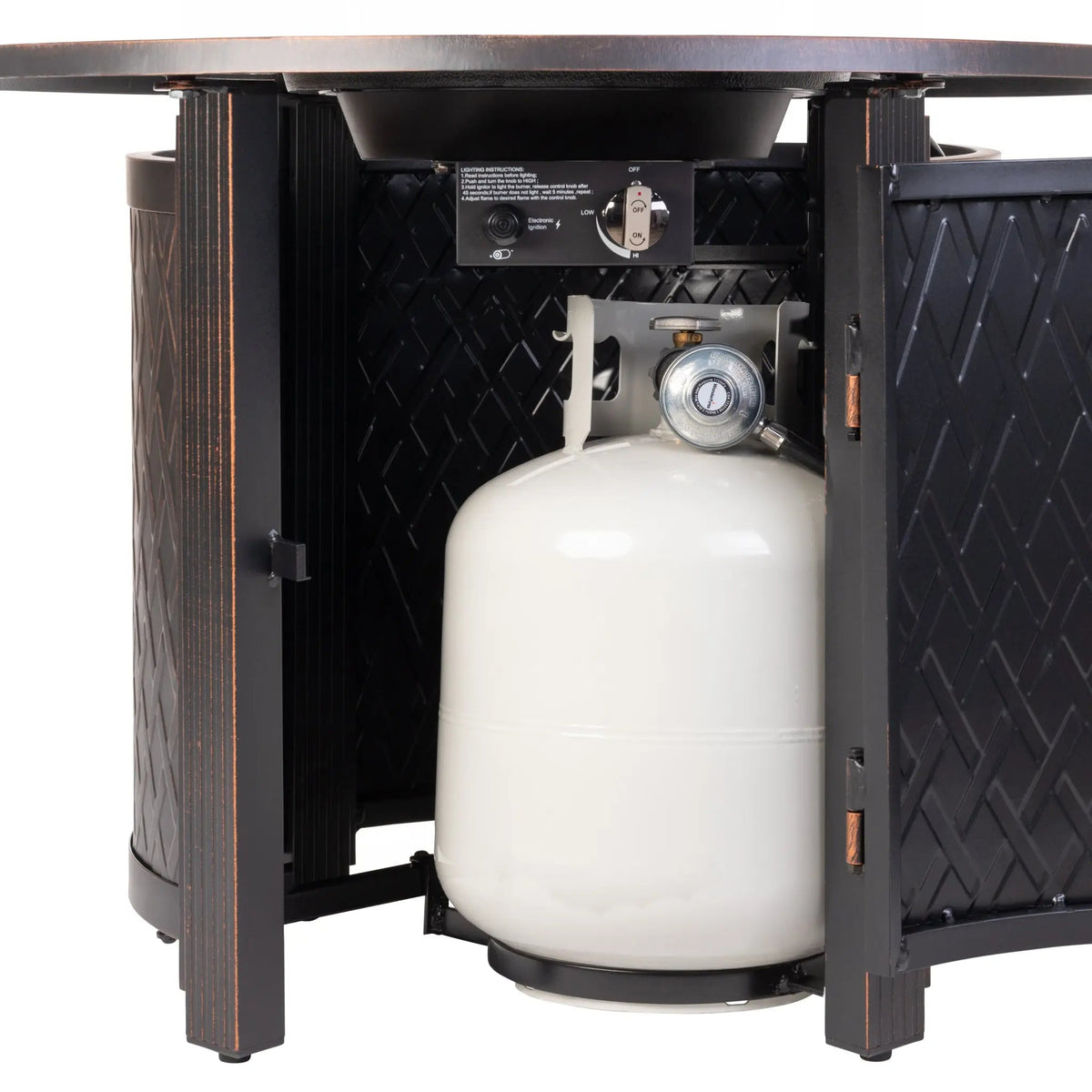 Wagner 33-inch Round LPG Fire Pit, black cabinet with LPG tank, Fire Sense/Balkene Home on Tampa Home & Garden Store