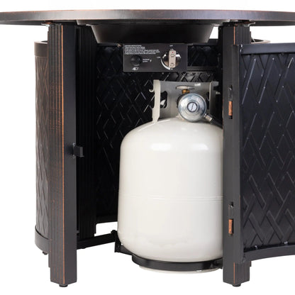 Wagner 33-inch Round LPG Fire Pit, black cabinet with LPG tank, Fire Sense/Balkene Home on Tampa Home & Garden Store